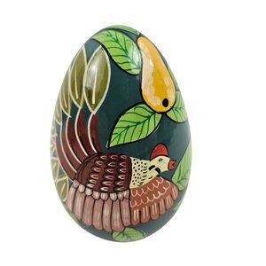 Hand Painted Wood Egg Bird Pear Folk Art Decor Vintage Green Background